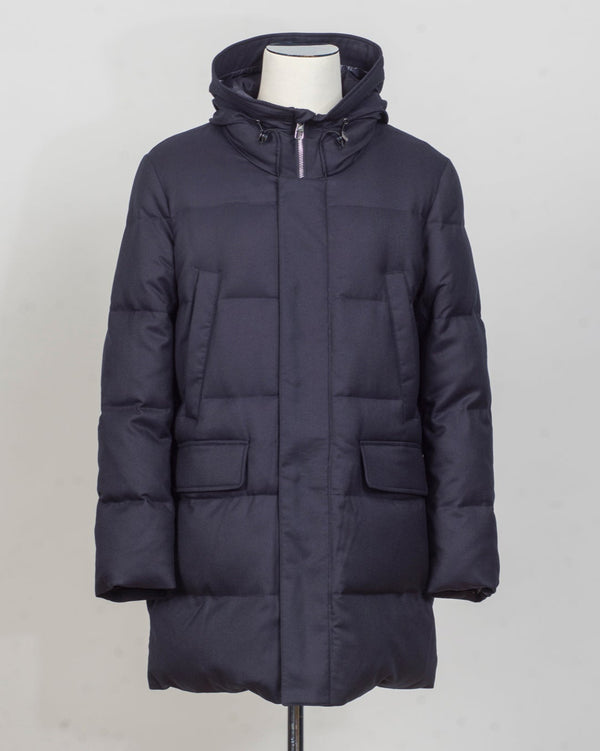 Outer fabric: 100% Virgin Wool by Vitale Barberis Canonico
Lining 1: 100% Polyester
Lining 2: 100% Polyamide
Filling: 90% Down 10% Feathers
Color: Navy / 89
Article: F09MUCX501
Snap buttons Montecore VBC Wool Down Coat / Navy