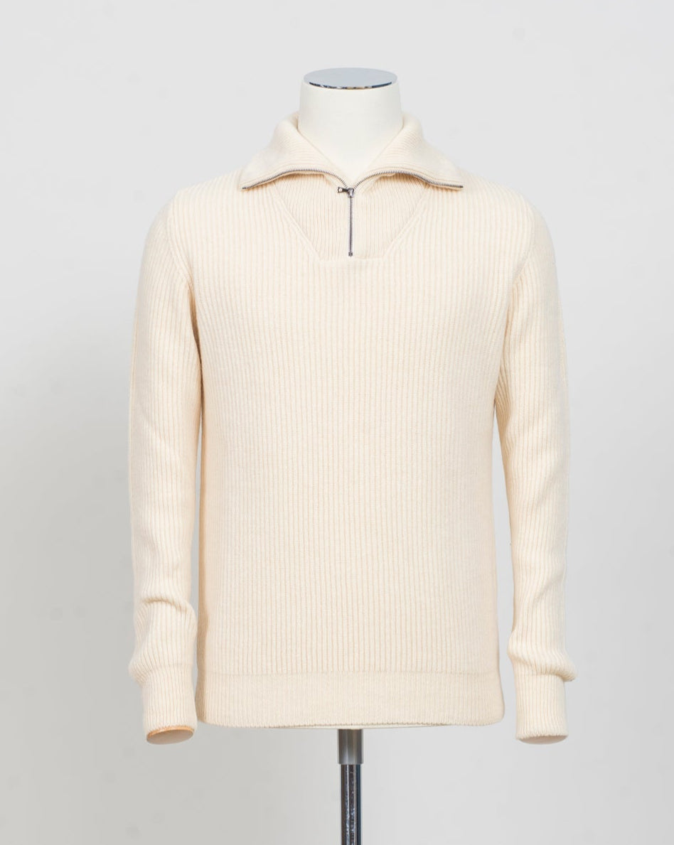 G.R.P. Firenze Ribbed Crewneck Knit
Col. Ecru&nbsp;
Composition 90% wool 10% cashmere
Made in Italy G.R.P. Firenze Ribbed Half-Zip Knit / Ecru
