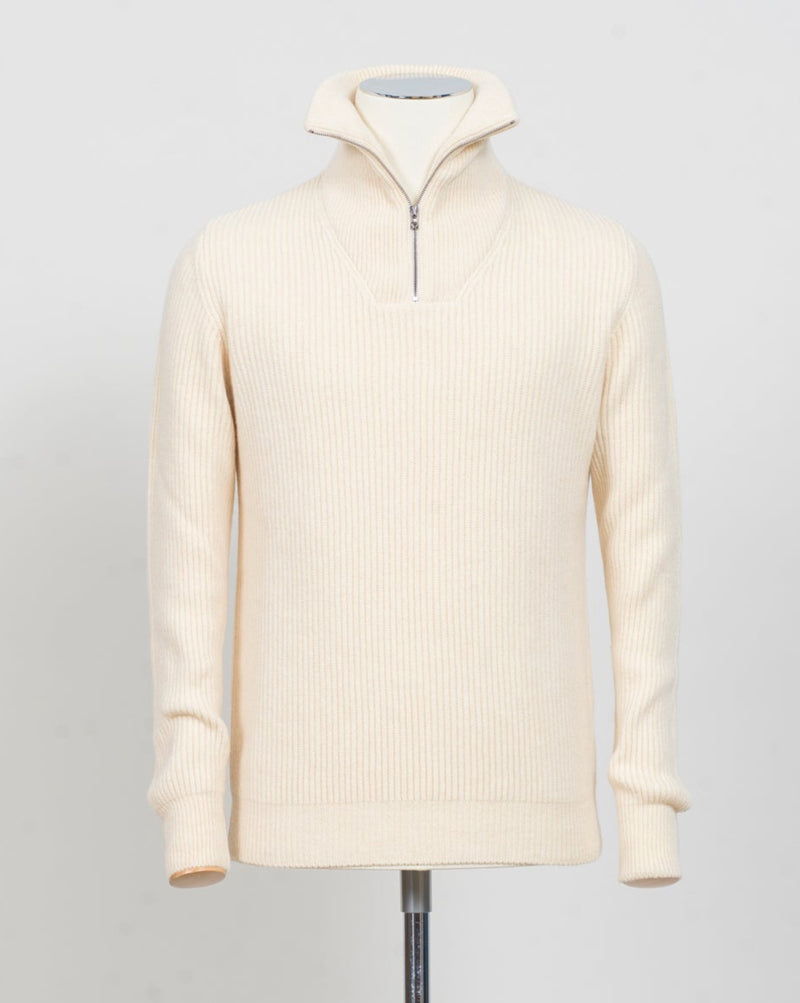 G.R.P. Firenze Ribbed Crewneck Knit
Col. Ecru&nbsp;
Composition 90% wool 10% cashmere
Made in Italy G.R.P. Firenze Ribbed Half-Zip Knit / Ecru