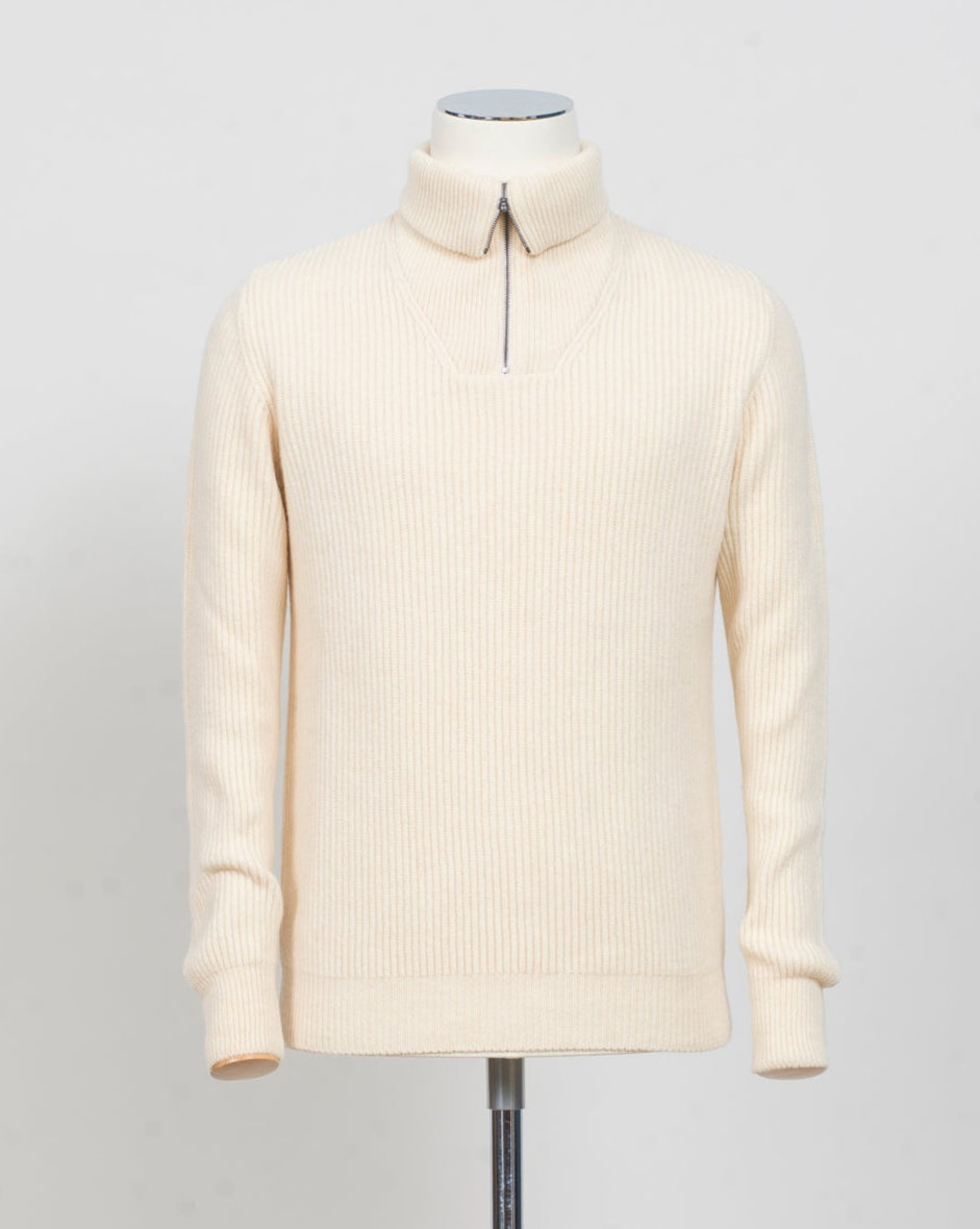 G.R.P. Firenze Ribbed Crewneck Knit
Col. Ecru&nbsp;
Composition 90% wool 10% cashmere
Made in Italy G.R.P. Firenze Ribbed Half-Zip Knit / Ecru