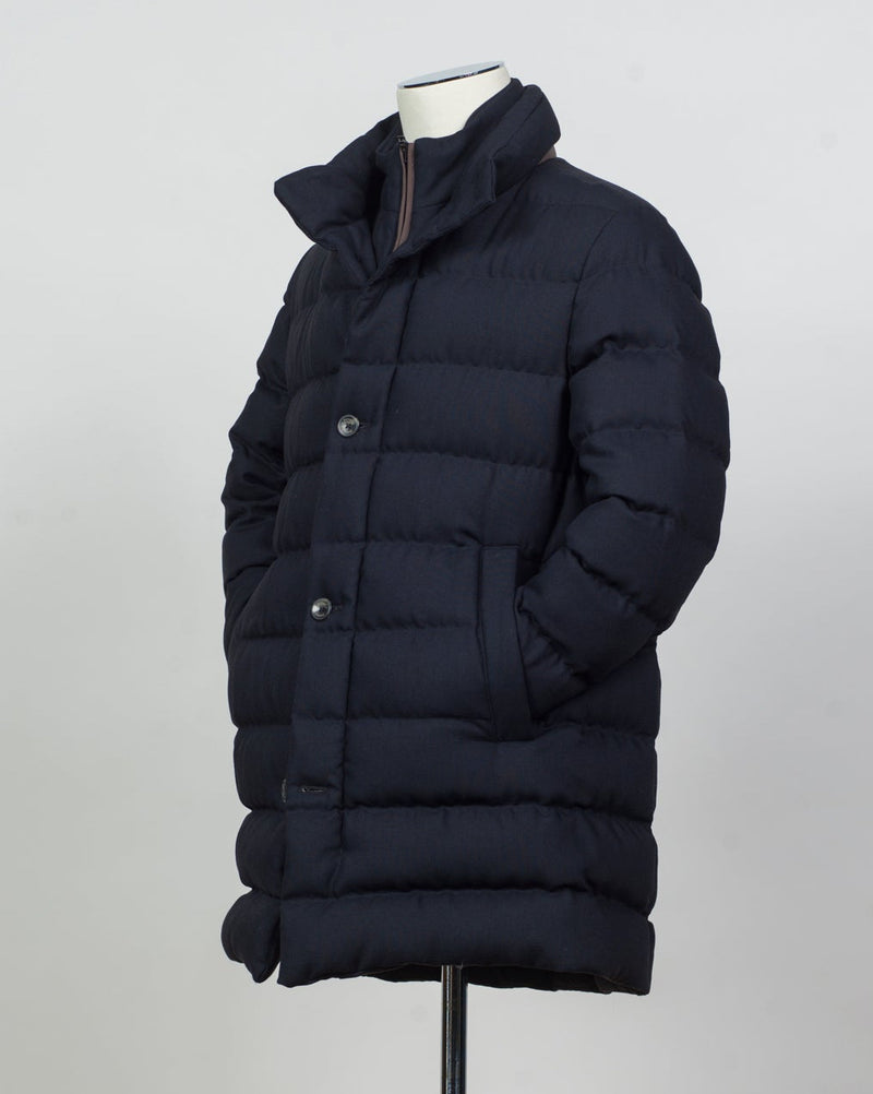 Article: PI001270U 33278 9406
Color: Navy
Main fabric: 70% viscose 30% wool
Padding: 80% down 20% feather
Detachable bib
Snap button side pockets
Regular fit Herno Norfolk Wool Blend Down Coat / Navy