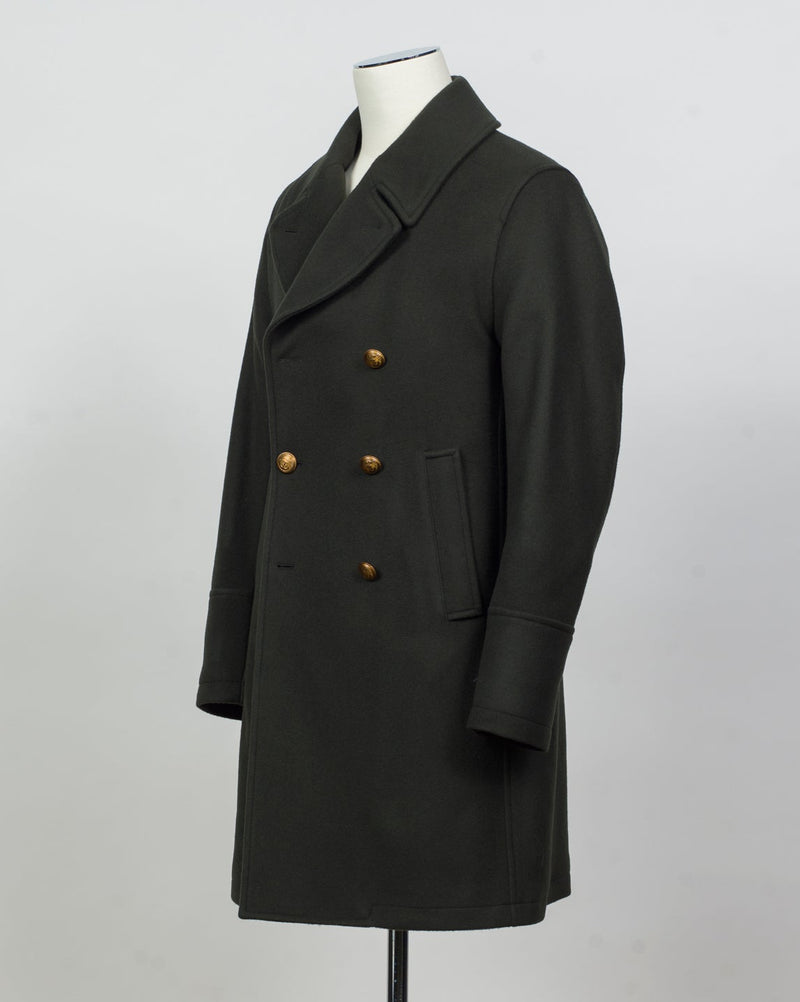 Back Length 95cm (Size 50)
Composition: 90% Wool 10% Cashmere
Lining: 100% Viscose
Padding: 100% Polyester
Model: 50164 Peacoat Lungo Maestrale
Article: 7627
Color: 15 / Dark Green
Made in Italy Sealup Wool &amp; Cashmere Peacoat / Dark Green