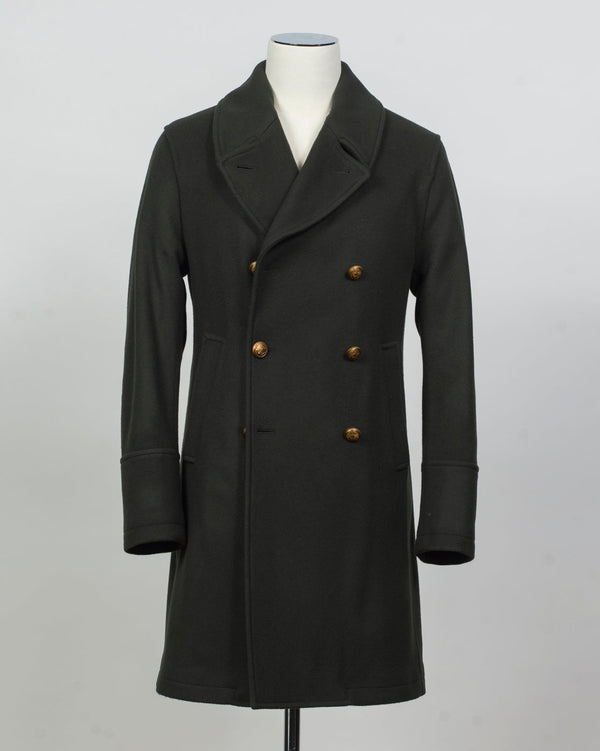 Back Length 95cm (Size 50)
Composition: 90% Wool 10% Cashmere
Lining: 100% Viscose
Padding: 100% Polyester
Model: 50164 Peacoat Lungo Maestrale
Article: 7627
Color: 15 / Dark Green
Made in Italy Sealup Wool &amp; Cashmere Peacoat / Dark Green