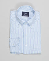Light Blue Ticking Stripe&nbsp;Oxford shirt with button-down collar. Classic and very versatile shirt for casual dressed up days. You can wear it with a tie but it sure is at it's best without one.&nbsp; A stable for every mans wardrobe.&nbsp;

100% Cotton. Handcrafted in Somerset, UK.

Regular Fit
Button-down collar with soft feel
Box pleat
Single round one button cuff
Point pocket
Mother of Pearl buttons
100% cotton
Made in England&nbsp;