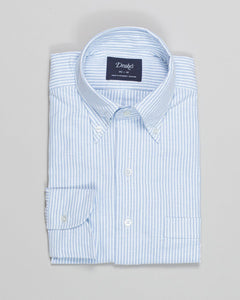 Light Blue Ticking Stripe&nbsp;Oxford shirt with button-down collar. Classic and very versatile shirt for casual dressed up days. You can wear it with a tie but it sure is at it's best without one.&nbsp; A stable for every mans wardrobe.&nbsp;

100% Cotton. Handcrafted in Somerset, UK.

Regular Fit
Button-down collar with soft feel
Box pleat
Single round one button cuff
Point pocket
Mother of Pearl buttons
100% cotton
Made in England&nbsp;