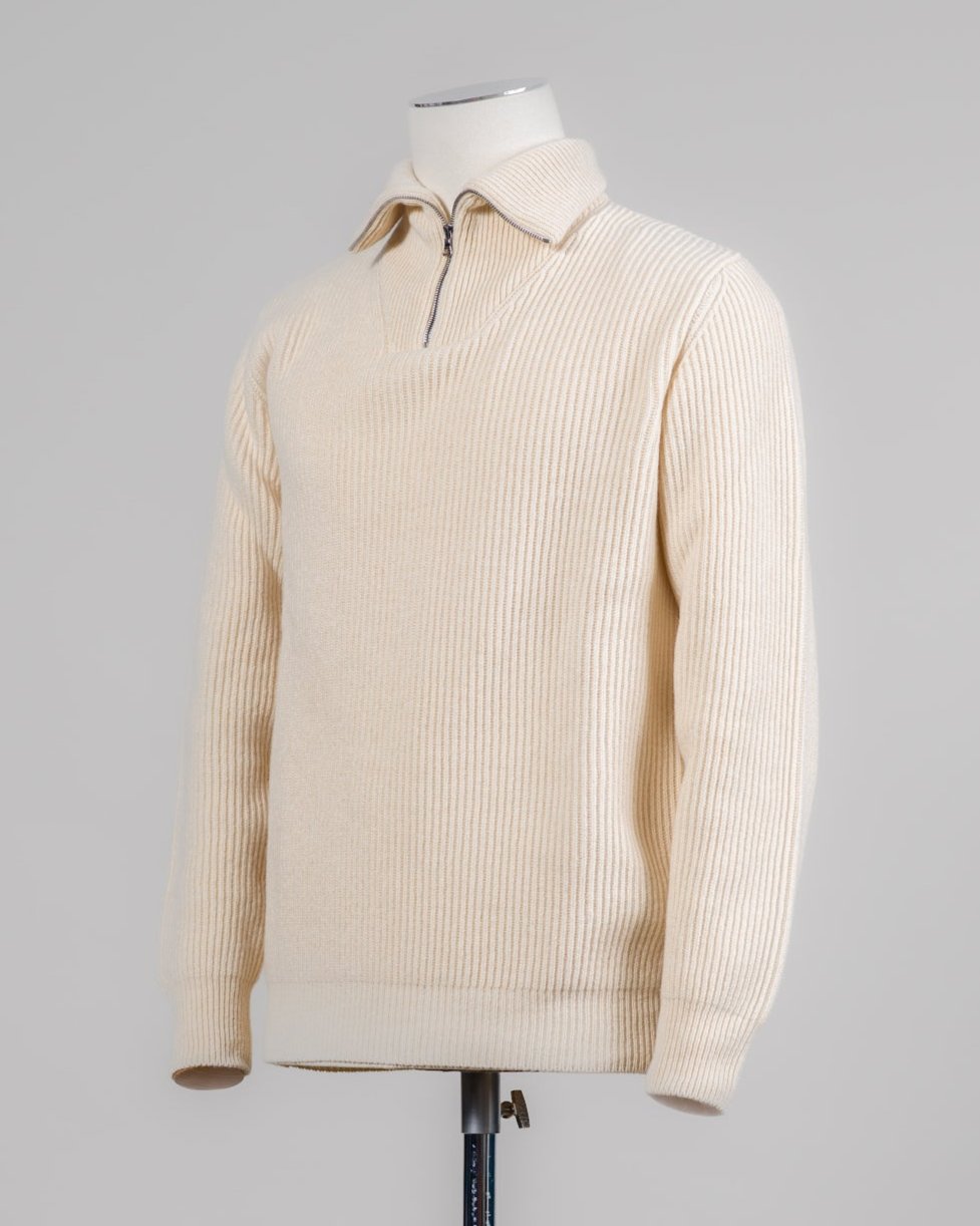 G.R.P. Firenze Ribbed Half-Zip Knit / Ecru
Model: Anorak
Article: 7.CI10
Color: Ecru
90% Wool 10% Cashmere
Made in Florence, Italy G.R.P. Firenze Ribbed Half-Zip Knit / Ecru
