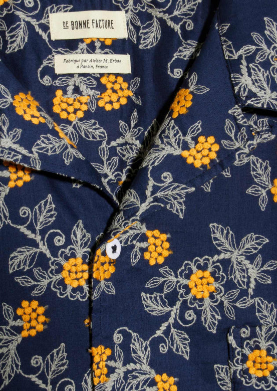 De Bonne Facture Camp Collar Embroidered Mimosa Branches / Navy