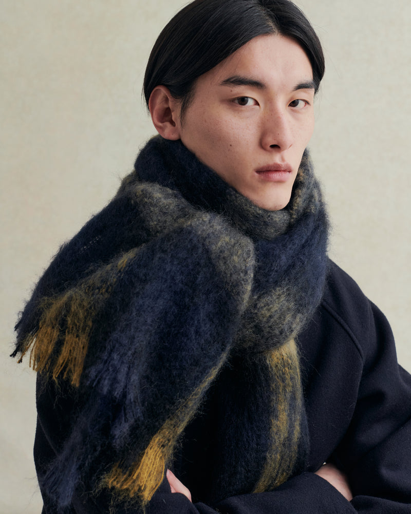 De Bonne Facture University Giant Mohair & Wool Scarf / Navy & Ochre Tartan