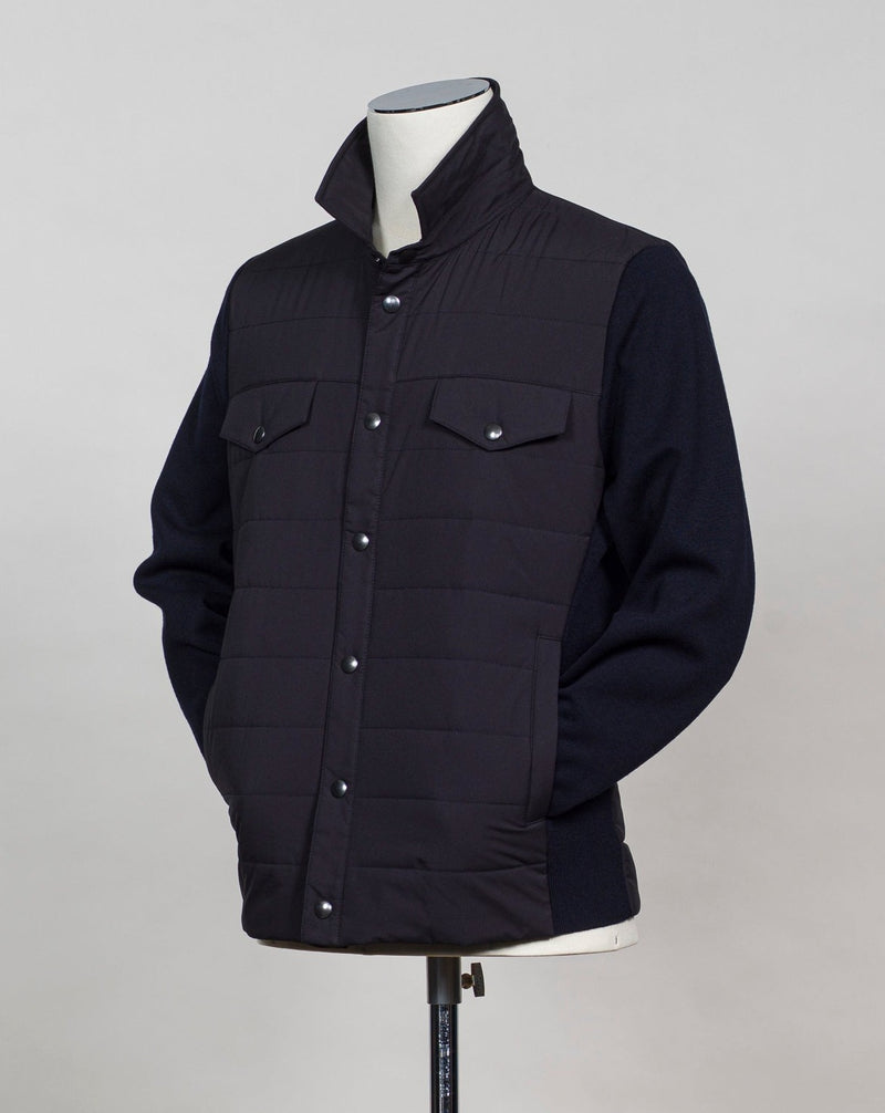 Article: 57129 / 69315 Color: 598 / Navy Sleeves and side panels 100% wool. Front and back 100% nylon. Thermal padding Made in Italy Gran Sasso Rain Wool Eco-Padding Jacket / Navy