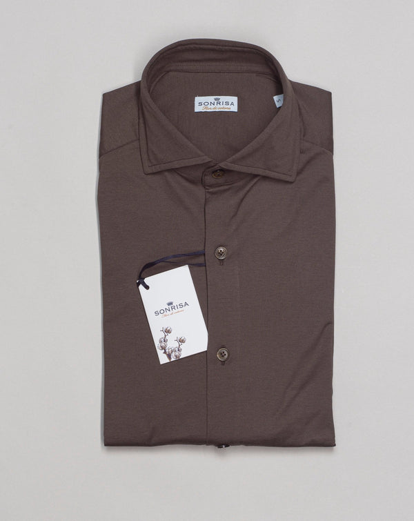 Sonrisa Fior di Cotone Jersey shirt Soft collar with removable collar bones  / Collar 438  Long sleeves 100% cotton jersey Art. J133 Col 02 Brown Made in Italy 