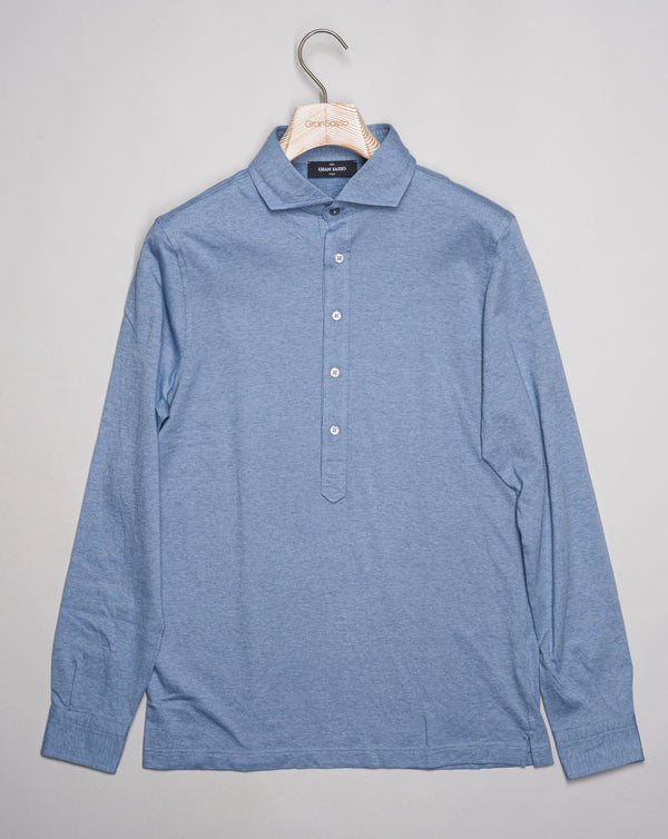 Article: 60180 / 75501 Model: Polo M/L Color: 510 / Light Blue Composition: 92% Cotton 8% Cashmere  Made in Italy Gran Sasso Cotton & Cashmere Pop-Over Shirt / Light Blue