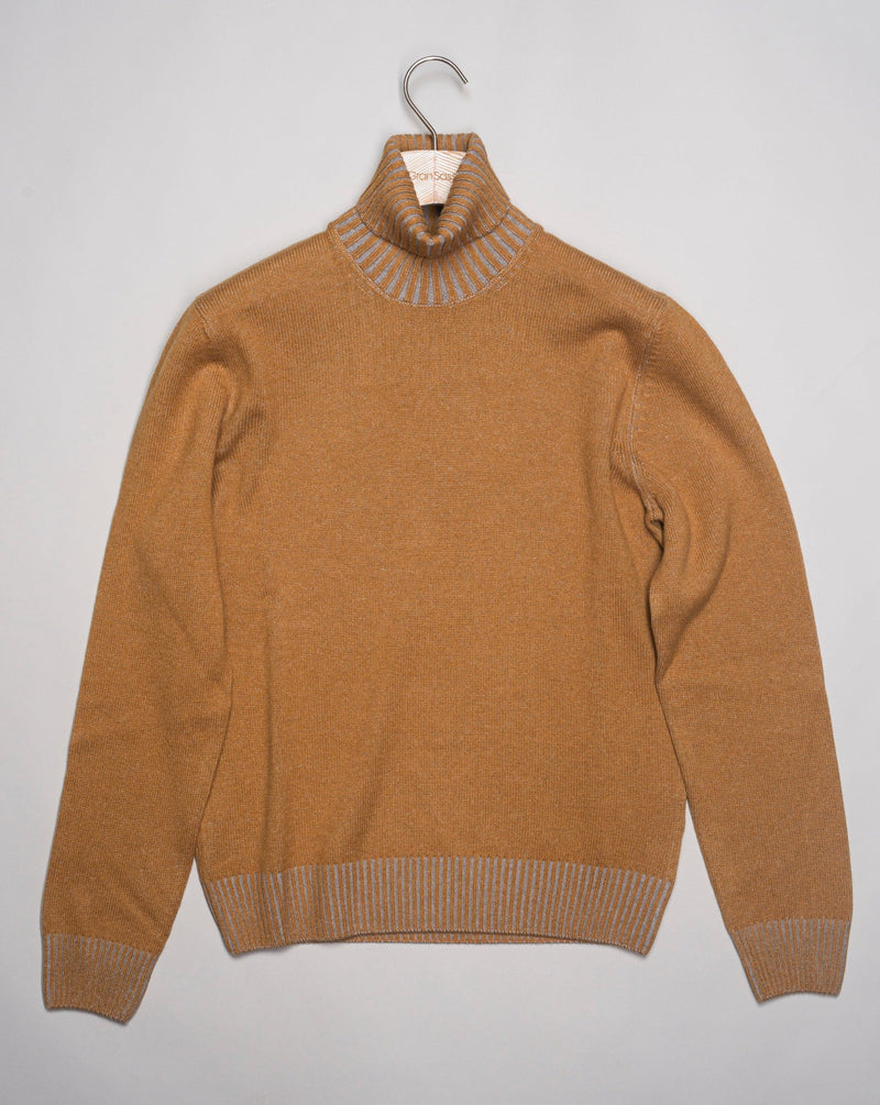 Art. 23115 19613 80% wo 10% ws 10% vi Col. 328 / Ochre with Light Grey contrast color Ribbed collar with contrast color  Made in Italy Gran Sasso Wool & Cashmere Roll Neck / Ochre