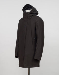 Montecore down insulated parka with technical external fabric. Waterproof, breathable, wind stoping.  Model: F05MUCX512 Color: 31 / Dark Brown Fabric: 42% pl 36% pa 13% ea 9%pu Lining 100% pa (nylon) 4 zippered pockets in front 4 zippered inside pockets Adjustable hood Zip and snap fasteners closure in front