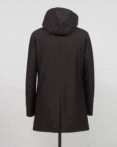 Montecore down insulated parka with technical external fabric. Waterproof, breathable, wind stoping.  Model: F05MUCX512 Color: 31 / Dark Brown Fabric: 42% pl 36% pa 13% ea 9%pu Lining 100% pa (nylon) 4 zippered pockets in front 4 zippered inside pockets Adjustable hood Zip and snap fasteners closure in front