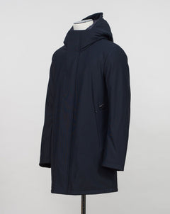 Montecore down insulated parka with technical external fabric. Waterproof, breathable, wind stoping.  Model: F05MUCX512 Color: 89 / Navy Fabric: 42% pl 36% pa 13% ea 9%pu Lining 100% pa (nylon) 4 zippered pockets in front 4 zippered inside pockets Adjustable hood Zip and snap fasteners closure in front