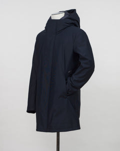 Montecore down insulated parka with technical external fabric. Waterproof, breathable, wind stoping.  Model: F05MUCX512 Color: 89 / Navy Fabric: 42% pl 36% pa 13% ea 9%pu Lining 100% pa (nylon) 4 zippered pockets in front 4 zippered inside pockets Adjustable hood Zip and snap fasteners closure in front