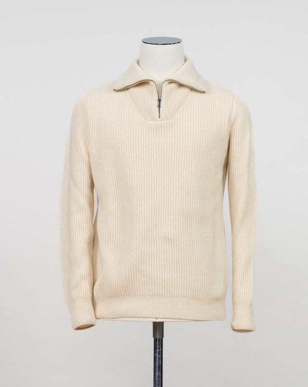 Model: Anorak Article: 7 .C110 Color: Ecru 90% Wool 10% Cashmere Made in Florence, Italy G.R.P. Firenze Wool & Cashmere Half-Zip Ribbed Knit / Ecru
