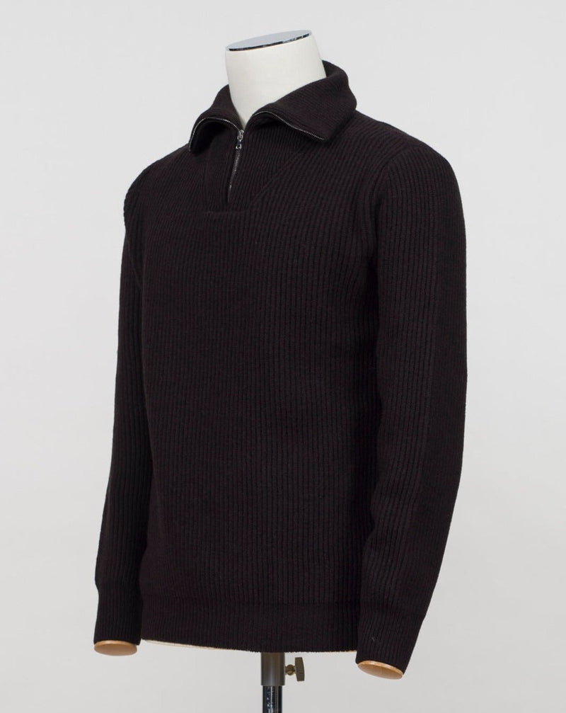 Model: Anorak Article: 7 .C110 Color: Dark Brown 90% Wool 10% Cashmere Made in Florence, Italy G.R.P. Firenze Wool & Cashmere Half-Zip Ribbed Knit / Ecru