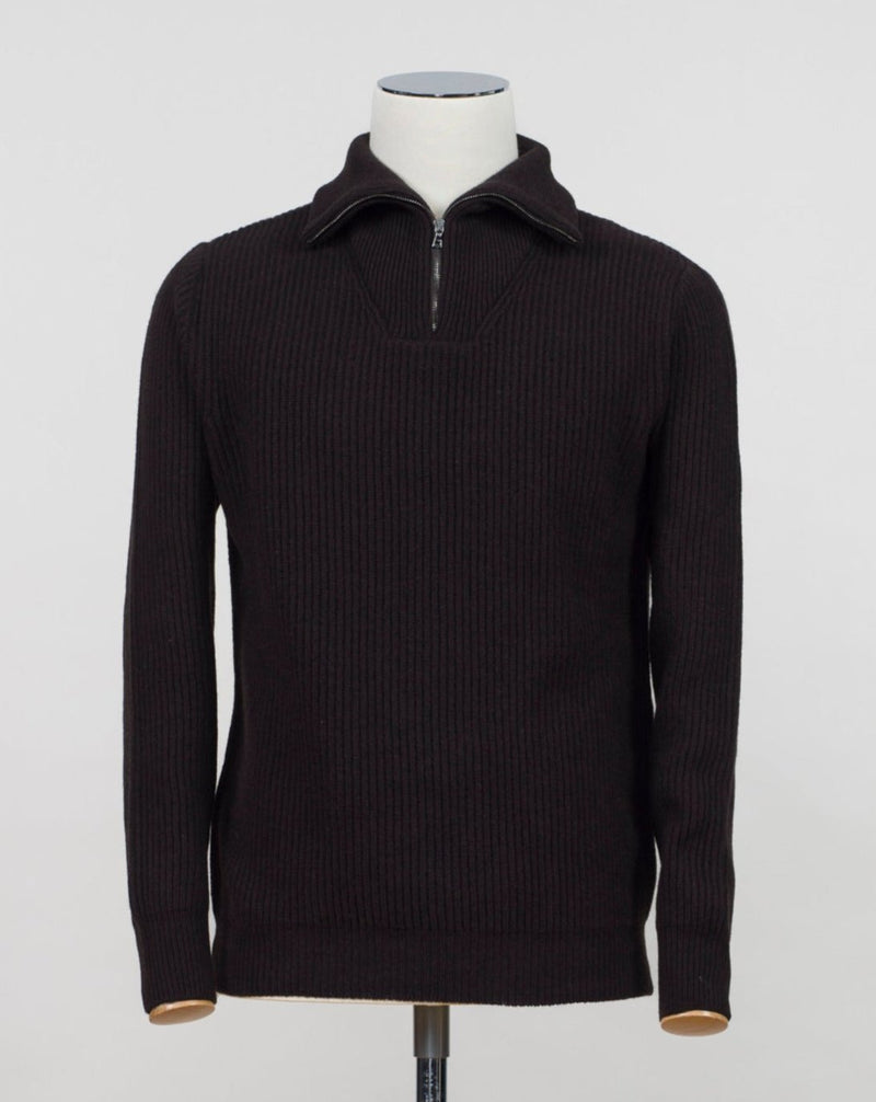 Model: Anorak Article: 7 .C110 Color: Dark Brown 90% Wool 10% Cashmere Made in Florence, Italy G.R.P. Firenze Wool & Cashmere Half-Zip Ribbed Knit / Ecru