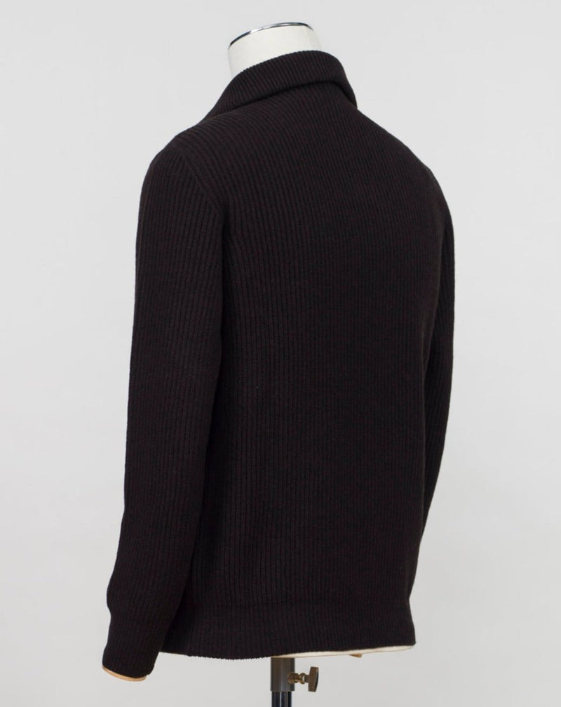Model: Anorak Article: 7 .C110 Color: Dark Brown 90% Wool 10% Cashmere Made in Florence, Italy G.R.P. Firenze Wool & Cashmere Half-Zip Ribbed Knit / Ecru