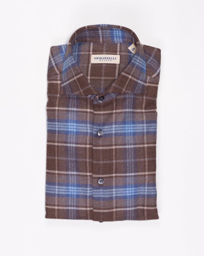 Art. U6127  Urban shirt Col 02 / Blue & Brown mix Collar: 590  Ghirardelli Flannel Tartan Washed Shirt / Brown & Blue