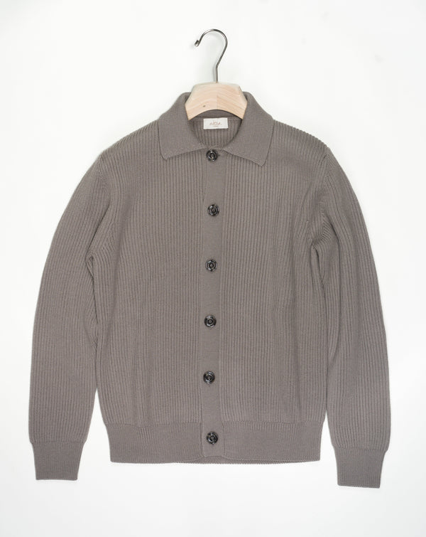 Heavy ribbed merino wool gardigan with shirt collar. 100% Merino  Col 32 Sand (Gray/Brown) Made in Italy Altea Merino Wool Collar Cardigan / Sand