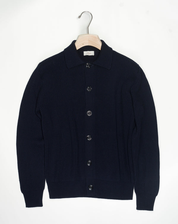 Heavy ribbed merino wool gardigan with shirt collar. 100% Merino  Col 1 / Navy Made in Italy  Altea Merino Wool Collar Cardigan / Navy