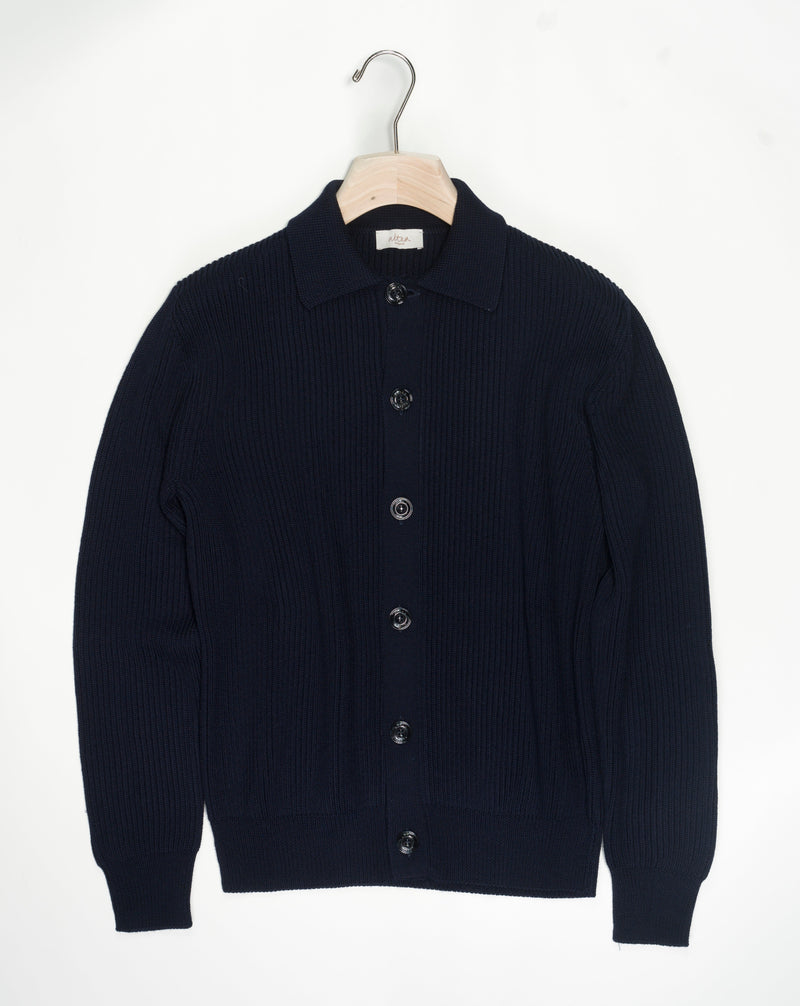 Heavy ribbed merino wool gardigan with shirt collar. 100% Merino  Col 1 / Navy Made in Italy  Altea Merino Wool Collar Cardigan / Navy