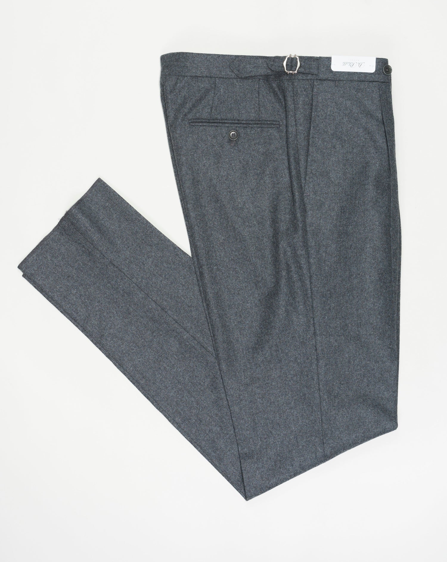 1 pleat De Petrillo Flannel Trousers / Mid Grey Unfinished hem (to be finished to desired length) Model: B10 Article: TP00705 Color: 7021 / Mid Grey Composition: 100% Virgin Wool De Petrillo Flannel Trousers / Mid Grey Made in Italy