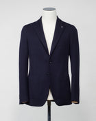 Model: 1SMC22K  Article: 340209 J Unlined  Unconstructed shoulder  Composition: 40% Polyester 30% Virgin Wool 30% Acrylic Color: B1109 / Navy Made in Martina Franca, Italy Tagliatore Knit Jersey Jacket / Navy