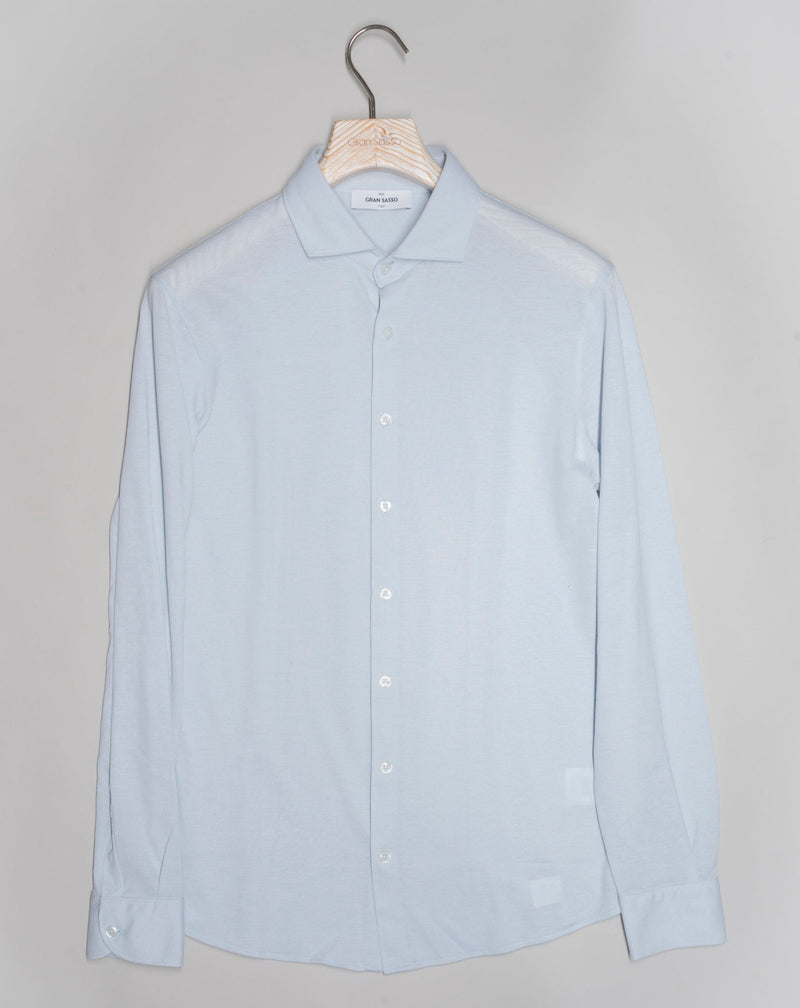 Gran Sasso long sleeved jersey shirt made of fine jersey cotton. Soft semi cutaway collar, 100% cotton. Great piece for easy going but chic summer outfits. 100% Cotton Art. 60120/81402 Col. 508 / Light Blue Long Sleeves Made in Italy Gran Sasso Cotton Jersey Shirt / Light Blue