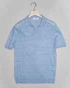Gran Sasso Linen Polo shirt in light brown. Elegant Capri collar gives this shirt a bit dresser look. This kind of linen knits are highly comfortable for summer. Guaranteed to keep you fresh and cool on hot days and nights.  Nice to wear with just a pair of trousers or bermudas, but also elegant up to date sartorial look when combined with a well cut blazer.   100% Linen Col. 510 / Light Blue Art. 57174/24801 Mod. Tennis Made in Italy Gran Sasso Linen Capri Collar Shirt / Light Blue