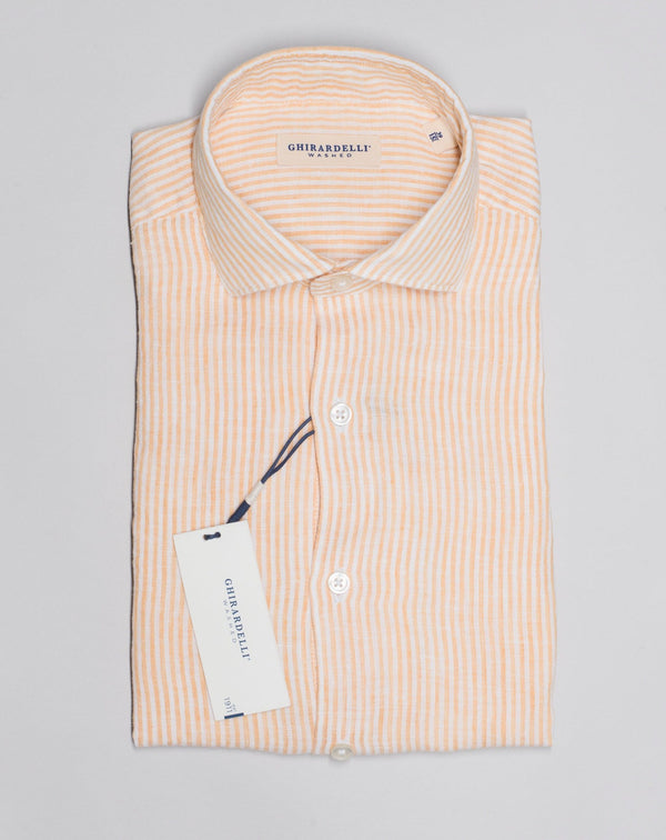 Orange striped long sleeved linen shirt from Ghirardelli. Washed to give the garment soft touch and relaxed look.  Composition: 100% Linen Color: Orange Long sleeves Removable collar bones