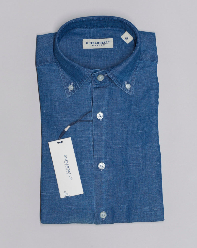 Color: 02 / Mid Blue Composition: 60% Linen 40% Cotton Article: TW4153 Ghirardelli Washed Button-Down Chambray Shirt / Mid Blue