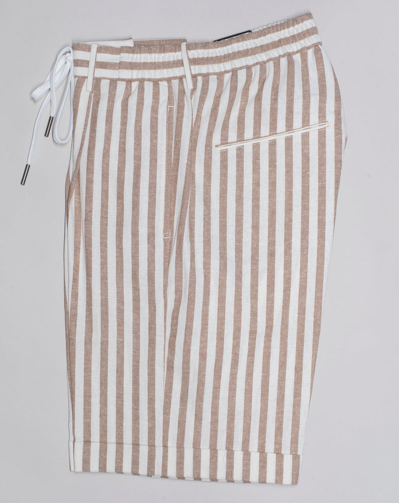 Composition: 55% Cotton 44% Linen 1% Elastan stretch Modello: B-Donny Color: Light Brown & White / M1276 Belt loops Made in Martina Franca, Italy Tagliatore Striped Drawstring Shorts / Light Brown