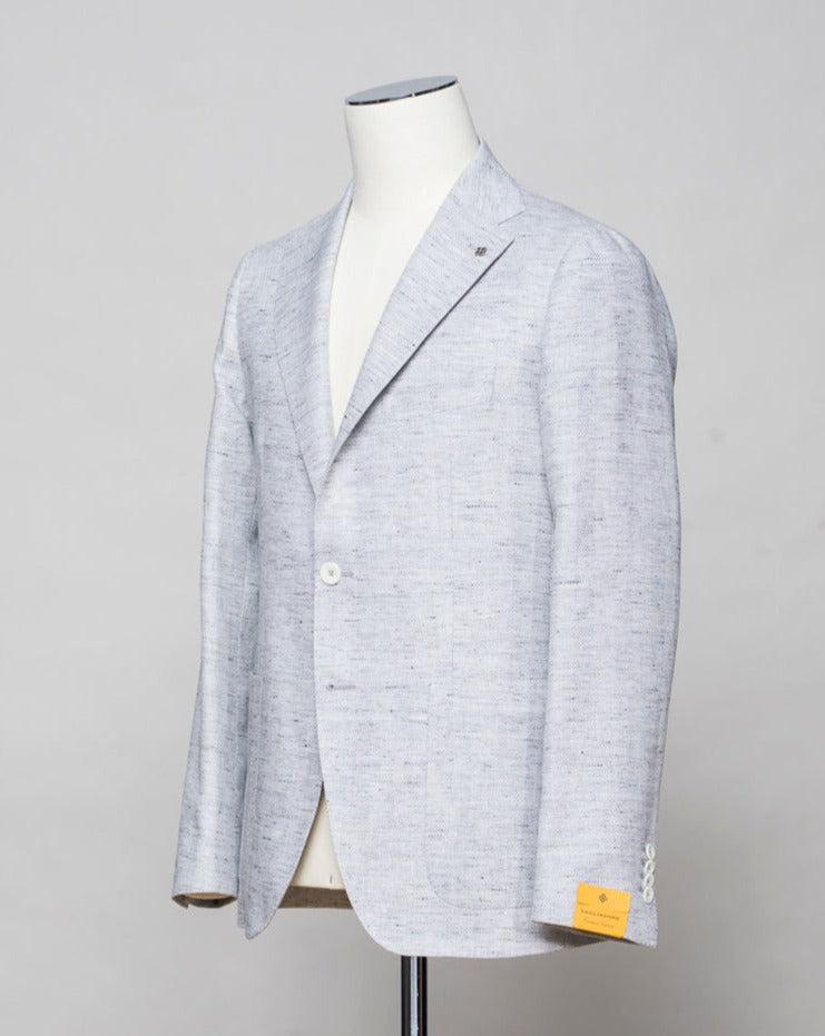 Composition: 56% Linen 44% Cotton. Modello: Monte Carlo / 1SMC22K. Color: Light Grey / EP883. Unconstructed. Unlined. 2 Buttons. Notch lapel. Patch pockets. Side vents. Made in Martina Franca, Italy