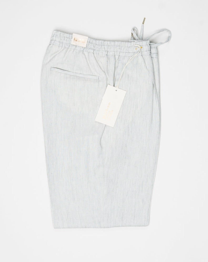 Article: 324118. Color: Light Grey / 40. Composition: 100% Linen. Single pleat. Slanted side pockets. Drawstring. Made in Naples, Italy