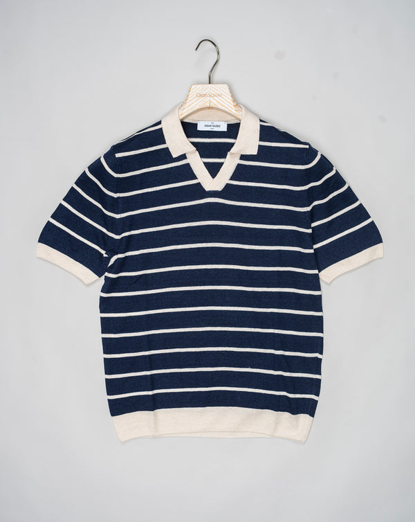 Gran Sasso Striped Capri Collar Shirt / Navy