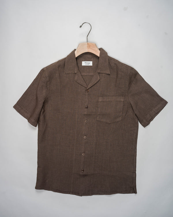 Tela Genova Linen Cuban Collar Shirt / Brown