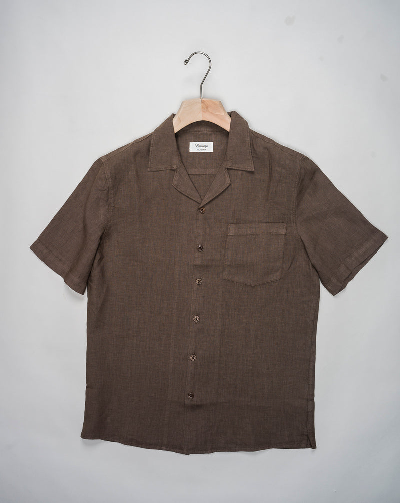 Tela Genova Linen Cuban Collar Shirt / Brown