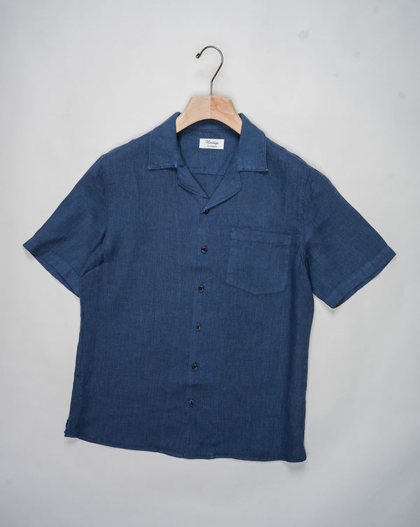 Tela Genova Linen Cuban Collar Shirt / Blue