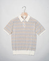 Short sleeve polo shirt in linen & cotton blend from G.R.P. Firenze. Composition: 60% Cotton 40% Linen. Short Sleeves. Article: TEC J1. Color: Ecru-Orange-Indigo