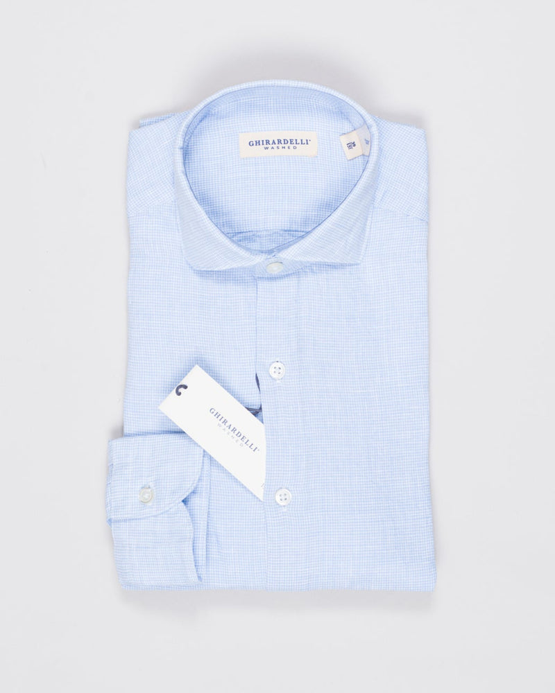 Cutaway collar
Curved hem

100% linen
Art. H9105
Mod. L69
Collar B878
Color: 01 Light Blue