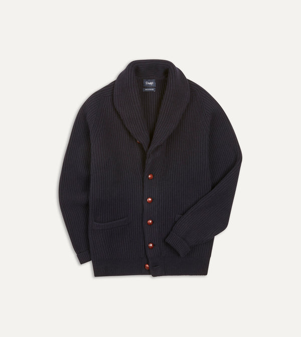 Drake's Lambswool Shawl Collar Cardigan / Navy