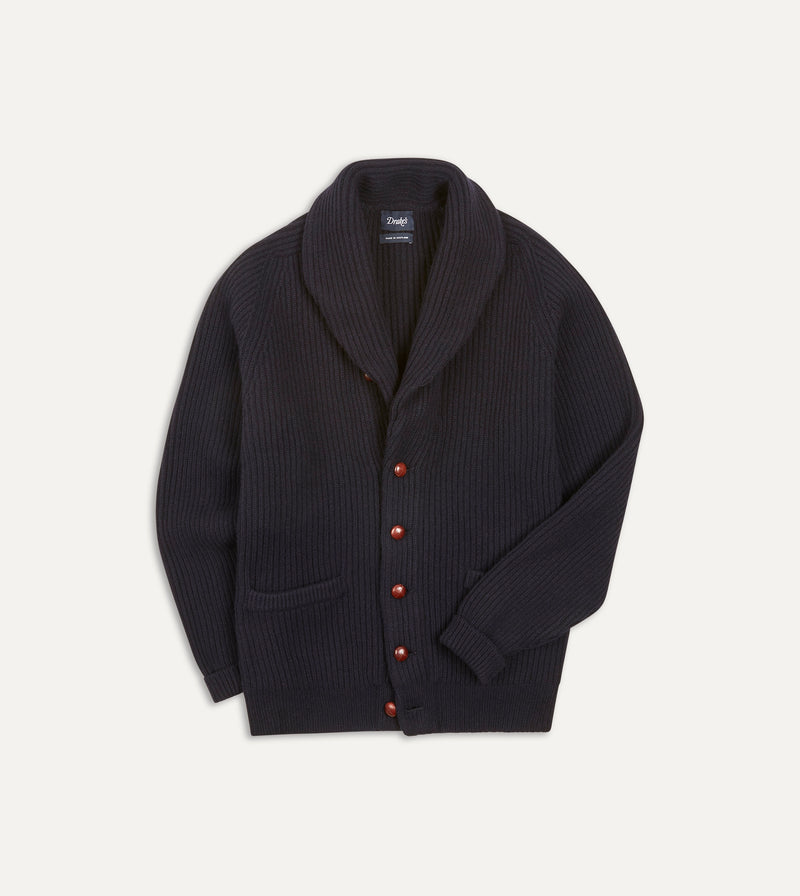 Drake's Lambswool Shawl Collar Cardigan / Navy