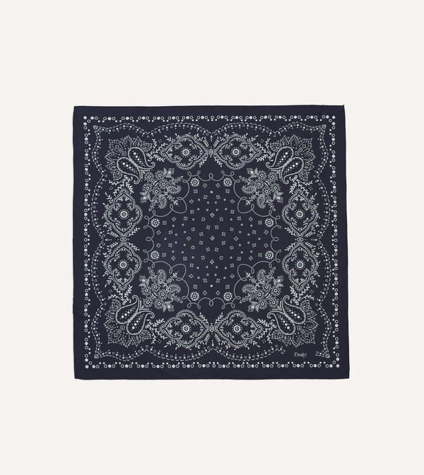 Drake's Paisley Print Cotton Bandana / Navy