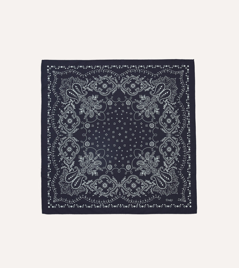 Drake's Paisley Print Cotton Bandana / Navy