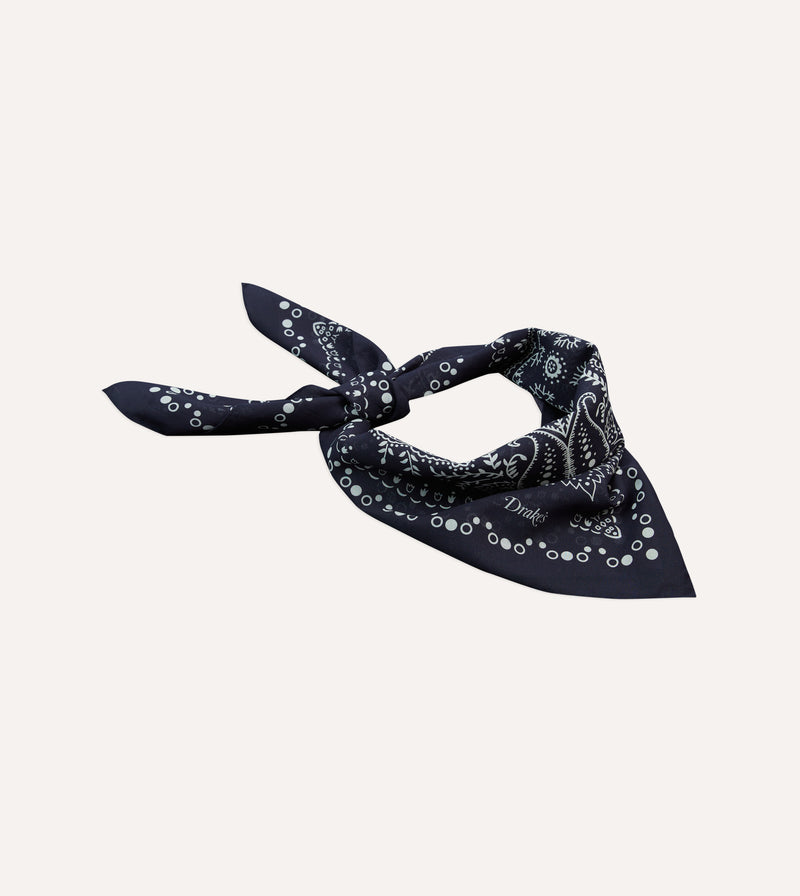 Drake's Paisley Print Cotton Bandana / Navy