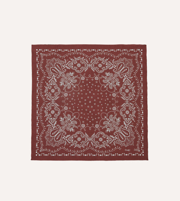 Drake's Paisley Print Cotton Bandana / Dark Red