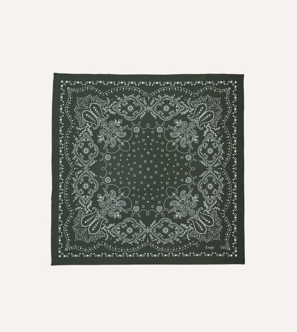 Drake's Paisley Print Cotton Bandana / Dark Green